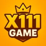 X111 Game official logo with golden crown and bold 3D text on orange background – online gaming app download on APKPeak.