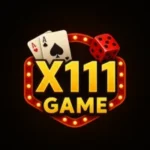 Logo of X111 Game, an online casino featuring cards, dice, and a glowing gold title on a black background.
